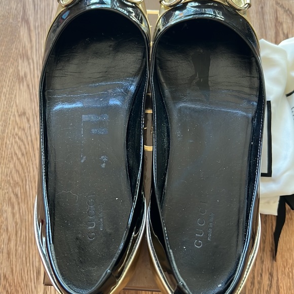 Gucci Moca Pelle Cuoio Nero/ Plati VIT. Vernice Soft/ Miroir Flats Size 6.5 - Picture 4 of 9